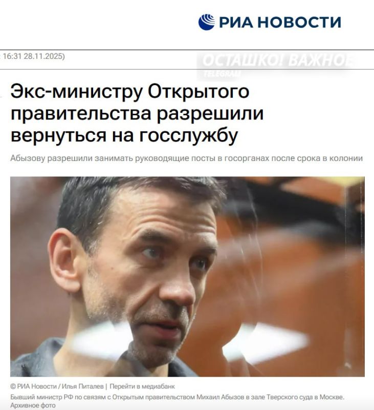 Экс-министр «Открытого правительства» Абызов допущен до госслужбы после отсидки в колонии