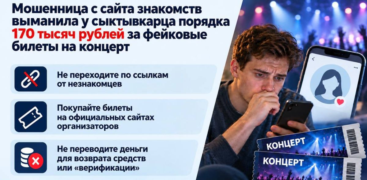 Мошенница с сайта знакомств выманила у сыктывкарца порядка 170 тысяч рублей за фейковые билеты на концерт