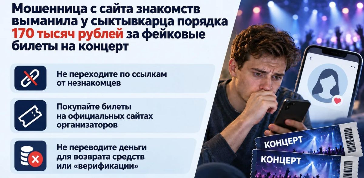 Мошенница с сайта знакомств выманила у сыктывкарца порядка 170 тысяч рублей за фейковые билеты на концерт